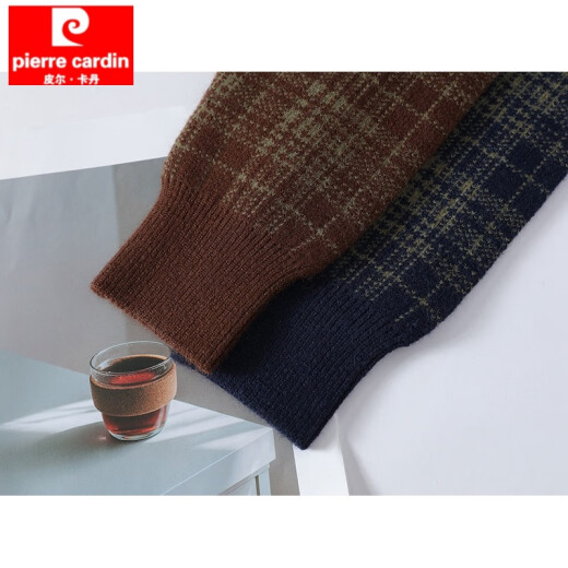 Pier Cardin 2025 winter thickened plaid sweater men's trendy brand round neck loose knit sweater men's pullover trendy jacquard thread Coffee 3XL