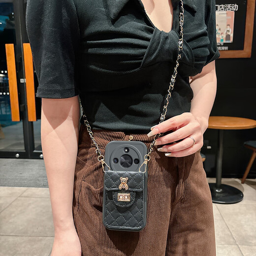 罗璐鸥荣耀X60手机壳斜挎挂绳外壳荣耀X60Pro链条背带硅胶BRC-AN00保护套斜跨零钱卡包防摔全包软壳女款 【白色-菱格小熊卡包款】+斜挎挂绳+屏幕保护膜 荣耀X60 Pro