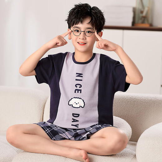 曼妮朵夏季儿童睡衣纯棉短袖短裤薄款男孩大童全棉青少年男童家居服套装 F724【双短】 XL码建议165-170cm