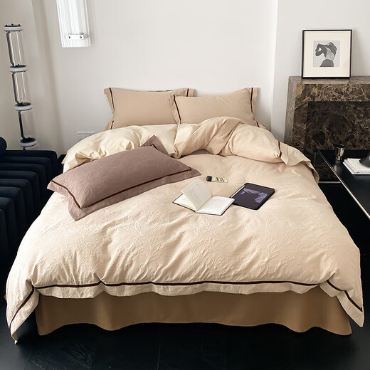 Snowsman pure cotton bed four-piece set, cotton embossed jacquard quilt cover, high-end bedding, Maillard simple wabi-sabi style bed sheets