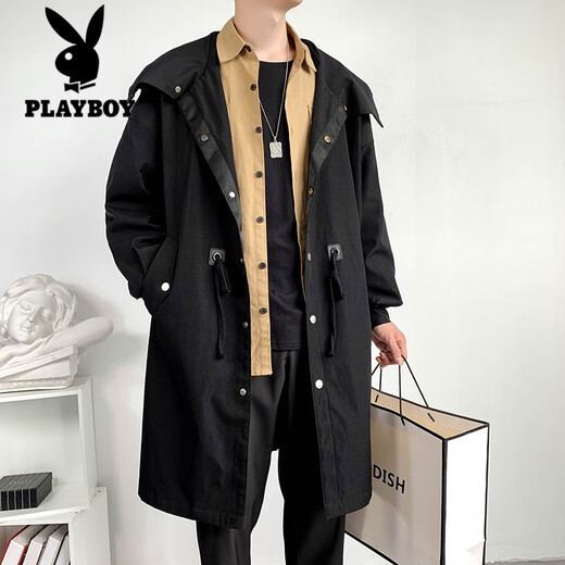 花花公子（PLAYBOY）中长款风衣男夏季棉薄潮牌休闲装棉服潮流连帽大衣宽松外套 F698绿色 M 90至120斤可穿