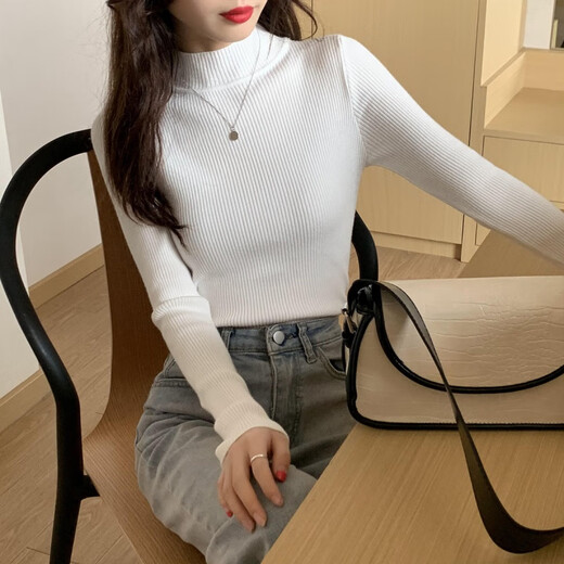 BONAS solid color half-turtleneck long-sleeved sweater women's base layer spring, autumn and winter Korean style versatile slim-fit sweater tops for women, half-turtleneck black, one size fits all (80-140Jin Jin equals 0.5kg)
