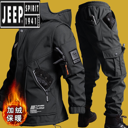Jeep (JEEP) Outdoor Soft Shell Jacket Suit Men's Velvet Thickened Work Clothes Waterproof Windproof Fishing Cycling Suit Keep Warm in Winter Black XL 175 (135-150Jin Jin equals 0.5kg)