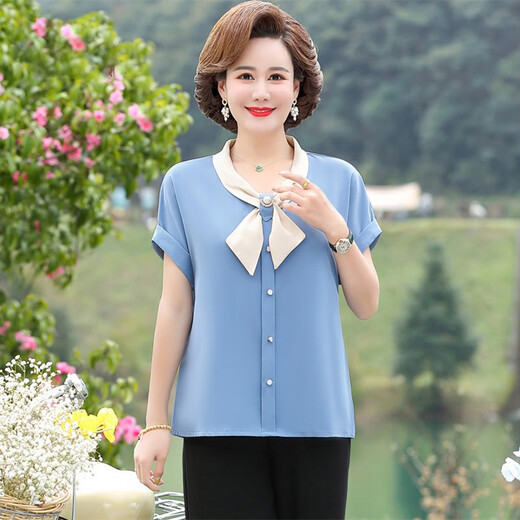 Yu Zhaolins Mutterkleid Sommerkleidung Mode Hemd kurzärmelig für Frauen 2024 Neue Stil mittleren Alters und älteren Frauen Temperament Bow Mode lose Fl13821 Blau (Top + Khaki Hosen) XL (Empfohlen 80-110jin [Jin gleich 0,5 kg]))
