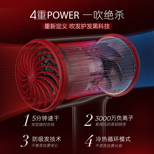 Soushi household hair dryer, high power, non-damaging, negative ions, quick drying, portable smart constant temperature hair dryer, leafless hair dryer, birthday gift for boys and girls, H5 red
