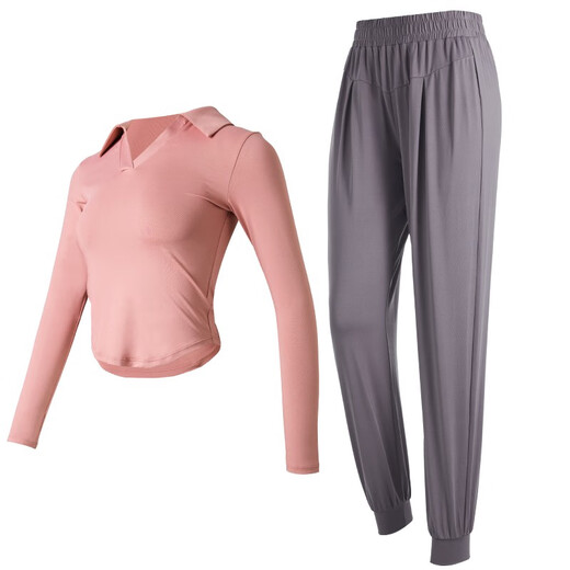 Fanstick sports suit women's long-sleeved tops running clothes professional fitness training clothes quick-drying breathable yoga clothes Meisha + titanium gray two-piece set TC71112 XL (recommended 120-135 Jin Jin equals 0.5 kg)