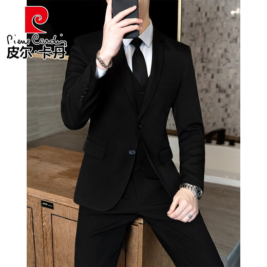 皮尔卡丹（pierre cardin）男士西服套装韩版商务职业正装伴郎修身毕业礼服结婚西装三件套男 两扣黑色【西服+裤子+衬衫】腰带 M