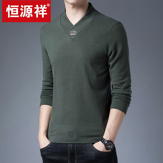 恒源祥男士双面绒德绒打底衫加绒加厚保暖t恤长袖v领内衣秋冬季新款上衣 9898红色 180 XXL