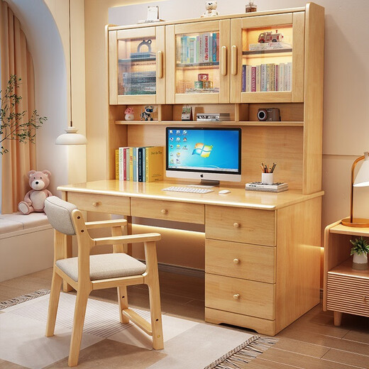 Bamboo sound desk solid wood computer desk bookshelf bookcase integrated combination study table and chair bedroom student writing desk home solid wood color single table 140x60x186cm
