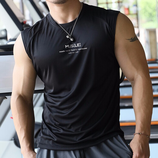 撸铁狼健身背心男士运动速干衣无袖宽松轻薄款透气弹力跑步篮球训练坎肩 白色简约英文 XL