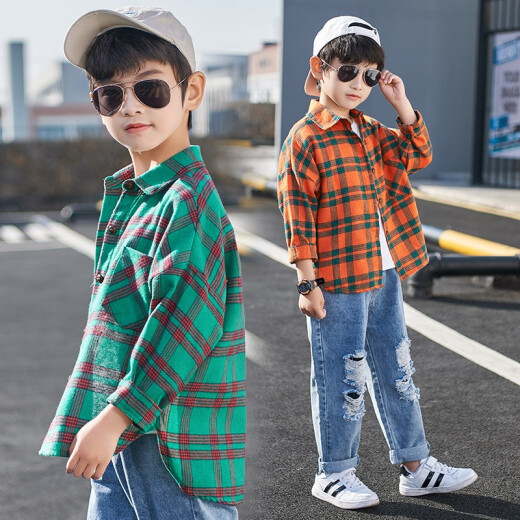 Maomao Dou Boys' Shirts and Children's Jackets 2021 Spring and Autumn New Style Korean Style Casual Plaid Boys Tops Baby Clothes Brand Children's Clothes Green 150 Size Recommended to Wear Around 140cm