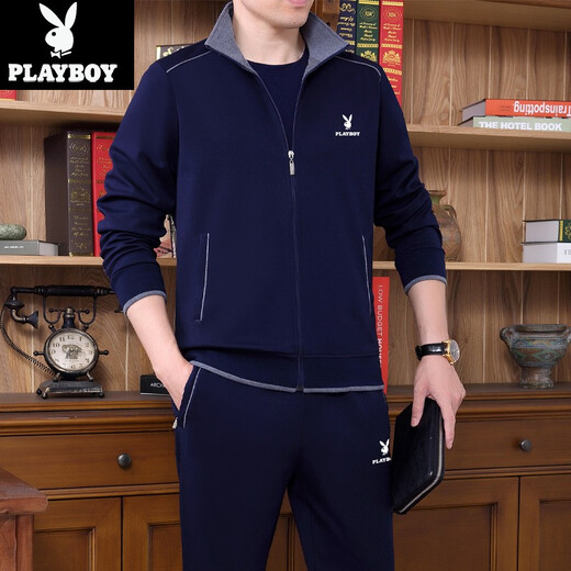 Playboy Sports Set Men's Three Set de Spring and Automne New Daddy Suit de grande taille Casual Running Sports Costume pour le moyen d'âge d'âge et de personnes âgées 3937 Bleu foncé [set en trois pièces au printemps et automne] xl [suggéré 121-140jin [Jin est égal à 0,5 kg]]]