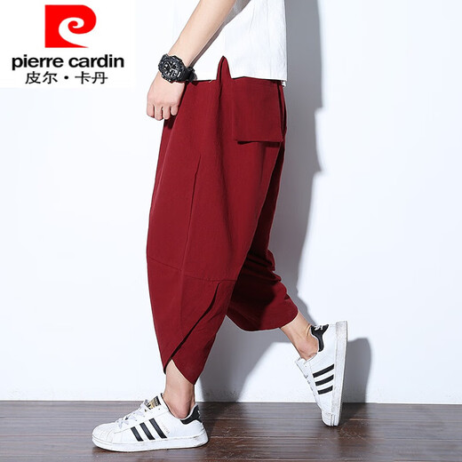 皮尔卡丹（pierre cardin）夏季亚麻七分裤男潮流大码灯笼裤泰国阔腿萝卜裤宽松休闲哈伦短裤 黑扇子 5XL (210-245斤)