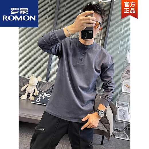 ROMON's new American retro Henry collar long-sleeved T-shirt men's solid color spring and autumn casual men's sweatshirt pure cotton loose dark gray spring and autumn XL recommended 135150Jin Jin equals 0.5 kg