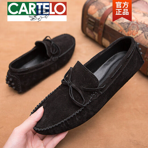 CARTELO 2025 summer new tassel bean shoes men's genuine leather frosted leather shoes fur lazy shoes casual driving shoes men black 9893 38