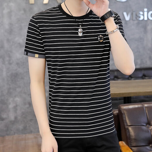 Juecho Pure Cotton New Striped Short Sleeve T-Shirt Herren Sommer Trendy Slim Sweatshirt Korean Round Neck T-Shirt Top Black XL (125jin [Jin entspricht 0,5 kg] -140jin [Jin gleich 0,5 kg]))