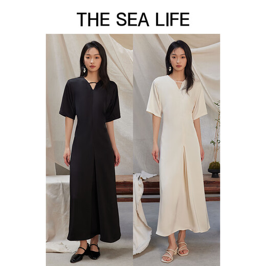 THE SEA LIFE欧海一生 法式优雅连衣裙女24夏季收腰显瘦暗纹提花连衣裙Y16817 杏仁白 M