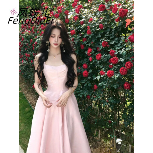 凤蝶儿法式轻奢感千金粉色吊带连衣裙女神生日礼服裙大摆蓬蓬裙温柔纯欲 粉色连衣裙 M