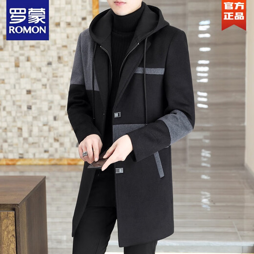 Romon 2025 Neuer Herbst- und Winter-Herren-Wollmantel mit mittlerer Länge Wollmantel Winter-Trenchcoat Herren-Trend M98-schwarzer schwarzer Hut M [90-110jin [Jin gleich 0,5 kg] tragbar]