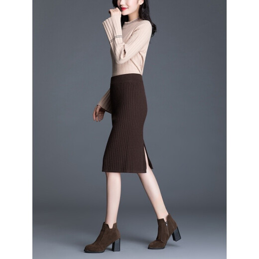 Yalu Free and Easy Skirt Women's Spring High Waisted Slim Medium Long Straight Thick Knitted Wool Skirt WWY33210 Brown One Size