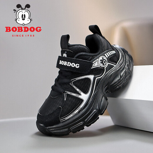 巴布豆（BOBDOG）童鞋网面透气男童运动鞋2025春新款皮面跑步鞋儿童鞋子男童老爹鞋 黑白(皮面) XT-K674 29 码 (内长18.5厘米)