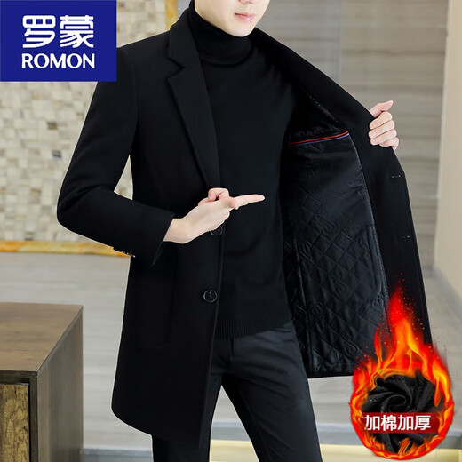 ROMON winter thickened woolen coat men's Korean style slim mid-length windbreaker youth casual woolen woolen coat trendy black plus cotton and thickening XL 125140Jin Jin equals 0.5 kg