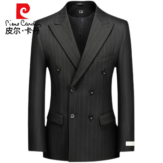 Pierre Cardin high-end double-breasted suit suit for men, British style gentleman, wedding groomsmen striped suit, formal business banquet, black suit + trousers, size 2XL