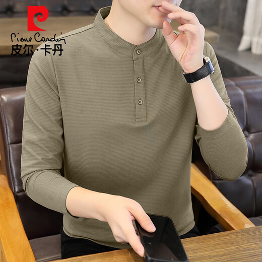 Pierre Cardin stand collar long-sleeved T-shirt men's spring and autumn trendy white Henry collar inner bottoming shirt men's early autumn tops 56119 black L 175