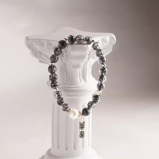 BOSFRU Black Hair Crystal Bracelet Chinese Style Thin Chain Freshwater Pearl Sterling Silver Pendant Niche Design Gift for Women Suitable for Clean Hands 14cm