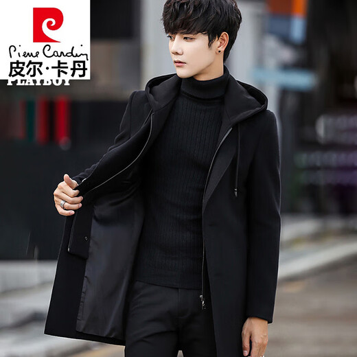 皮尔卡丹（pierre cardin）高档品牌冬季毛呢大衣男士中长款羊毛风衣加绒休闲连帽羊毛外套男 1852黑色黑帽 L【111-125斤】