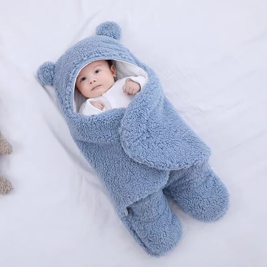 Rabbit Big Wen Baby Holding Bedle Sleeping Bag in Autumn and Winter Thickened Warm 0-1 Year Old Newborn Swabbing Clothes Clothes Anti-Shocking Outing Supplies Blue [Thickened Pure Cotton Inner] Recommended 0-6 Months