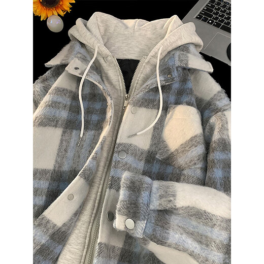 Katuchi fake two-piece plaid cotton coat men's autumn and winter American small fragrance trend brand hooded cotton coat couple cotton jacket men's clothing light gray-WT179 XL