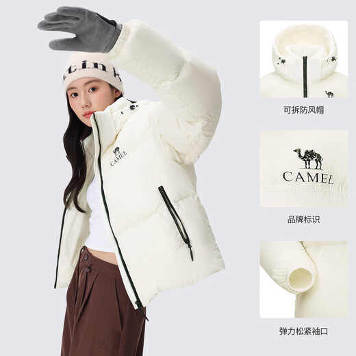 骆驼（CAMEL）黑钻系列短款羽绒服女装冬新款保暖防风连帽羽绒外套面包服 724CA6B601，雪藕白，女 L (180)