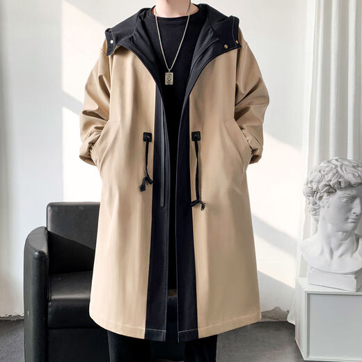 Kaduton autumn and winter long knee-length windbreaker men's hooded Korean large size loose contrast color splicing jacket men's coat trendy cloak black spring and autumn 3XL (recommended 180-200Jin Jin is equal to about 0.5 kg)