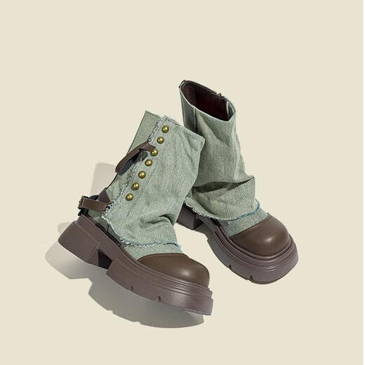 Fan Xiaoru Jeans Beinstiefel 2024 neue kurze Stiefel Dicke Sohle Martin Stiefel Retro Britische Stapelstiefel Hochdarmte Western Denim Stiefel Blau 37