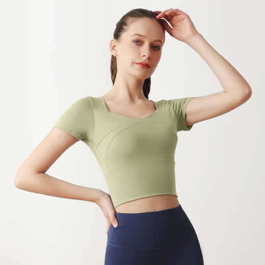 Huian yoga wear women's sports short-sleeved sportswear T-shirt tight quick-drying top fitness running with chest pad splicing green M