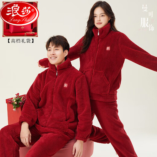 浪莎（LangSha）秋冬季结婚情侣睡衣红色珊瑚绒加厚加绒男女士新婚婚庆家居服套装 9716+图案+囍气洋洋 加 厚加绒 L 男款：  建议100-130斤