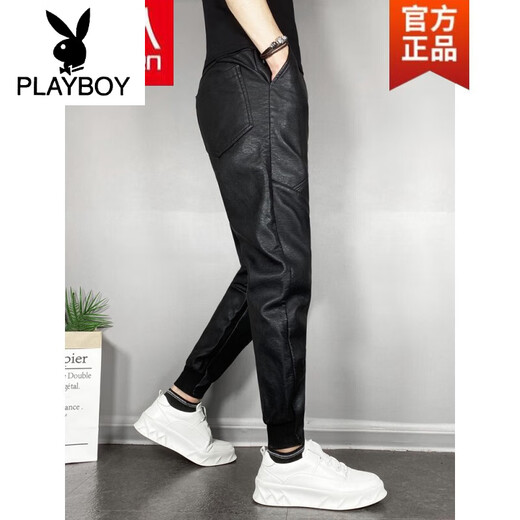 Playboy (PLAYBOY) Men's autumn and winter plus velvet thickened casual foot pants elastic tying feet windproof waterproof motorcycle leather black tying feet plus velvet 35