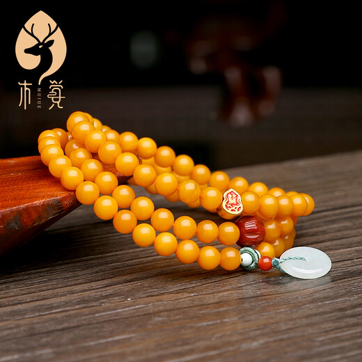 Mujue (MUJUE) beeswax bracelet for women with multiple circles DIY pure gold blessing gourd jade safety buckle chicken oil yellow bracelet to transport the year of birth