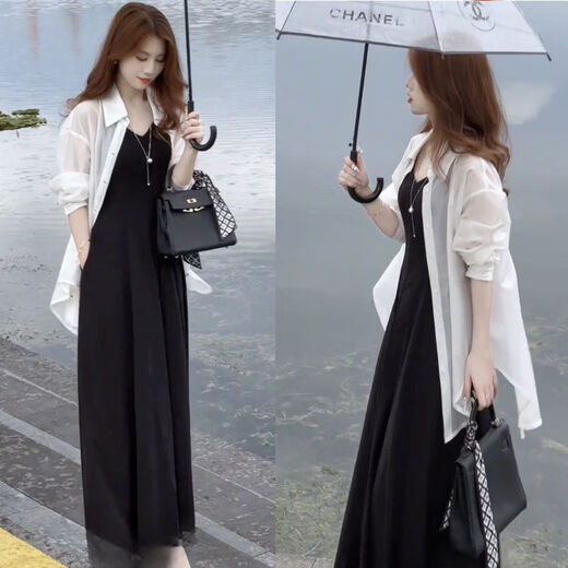 Question floating black suit for women summer fashion two-piece temperament fashionable skirt 2024 summer new temperament sunscreen J683 gray XL [suggested 115130Jin [Jin equals 0.5 kg]]