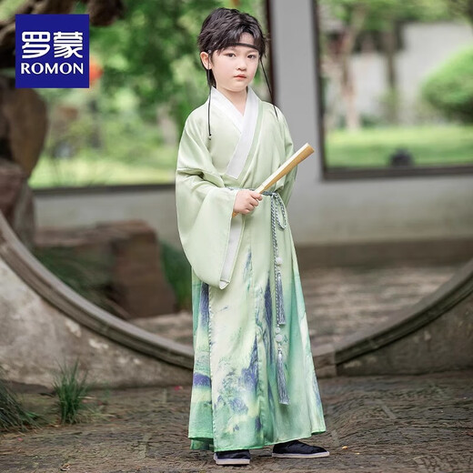 罗蒙汉服男童中国风儿童新中式古装演出服 青山绿男童汉服套装 130