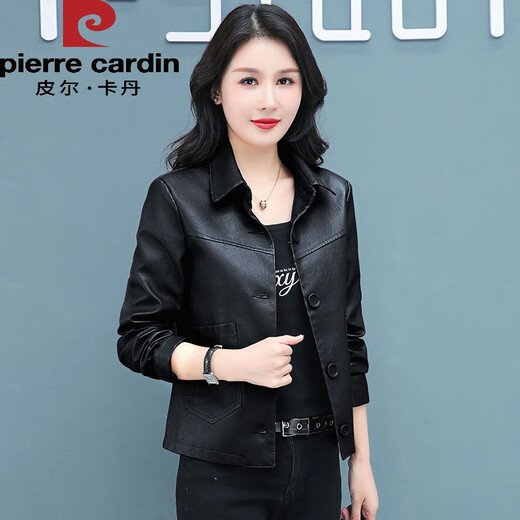 Pierre Cardin 2025 New Lapel Black Small Leather Coat Women's Short Motorcycle Versatile Slim High Waist Jacket Spring and Autumn Outfits Black XL Recommended 110-125 Jin Jin equals 0.5 kg