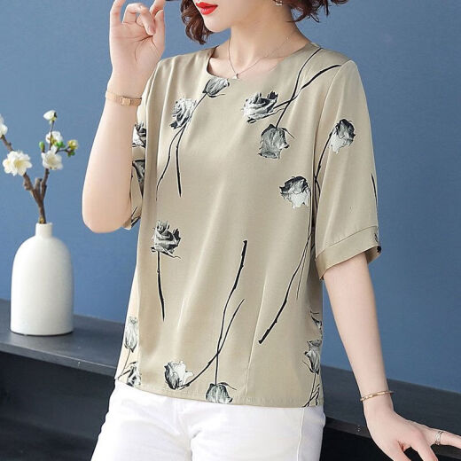 Yu Zhaolin (YUZHAOLIN) middle-aged and elderly women's clothing 2023 summer fashionable colors for middle-aged women's age-reducing mid-sleeve shirts short-sleeved chiffon tops women's khaki XL recommended 105-120