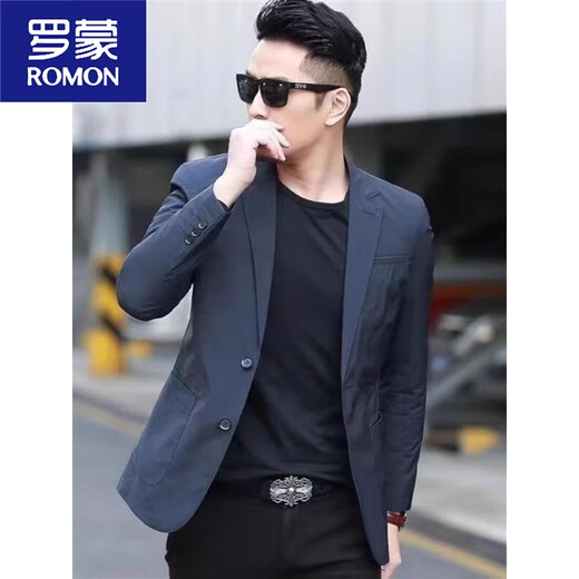 ROMON Men's Simple Suit Jacket 2024 Spring and Autumn Men's Casual Small Suit Solid Color Slim Fit Versatile Single Suit Blue M