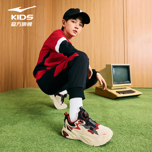 Hongxing Erke (ERKE) children's shoes, boys' and girls' sports shoes, children's medium and large children's knob buckle casual shoes, warm linen/black 37