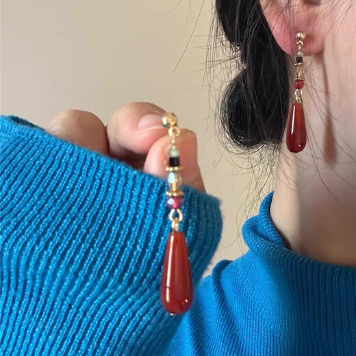 Lu Shanwu New Chinese Style Earrings Women's Retro Niche Unique Ancient Style Earrings National Style Horse Face Skirt Earrings Red Water Drop Earrings Red New Chinese Style Water Drop Earrings