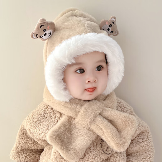 Benasi Baby Hat Autumn and Winter Ear Protection Plush Hat Children's Hat Winter Warm Boys and Girls Scarf All-in-One Cute Bear-Qianka 6 Months-4 Years Old (44-51.5CM)