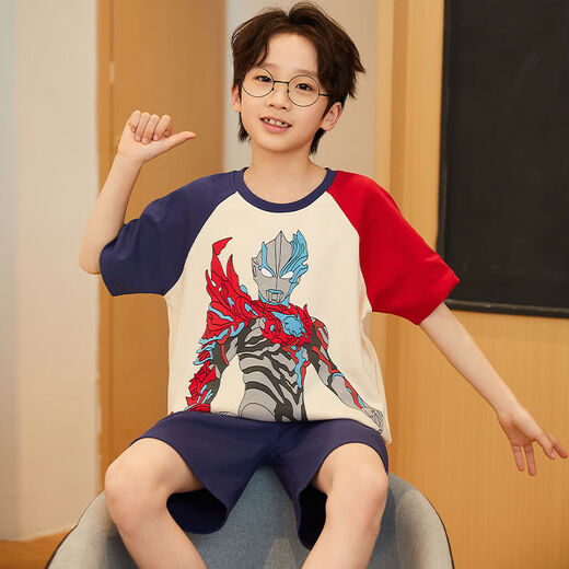 紫玥薇奥特曼夏季儿童睡衣卡通纯棉短袖小男孩中大童夏天薄款家居服套装 683-主图款【舒适透气全棉】 S码【体重70-90斤】