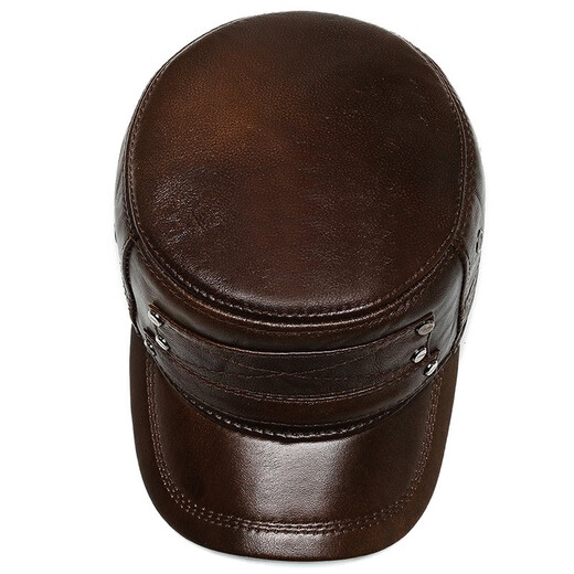 Woodpecker head cowhide hat for middle-aged and elderly men, winter duck cap with ear protection and velvet to prevent cold and warm baseball cap for dad and grandpa, dark brown color, adjustable hat circumference (head circumference 54-60cm)