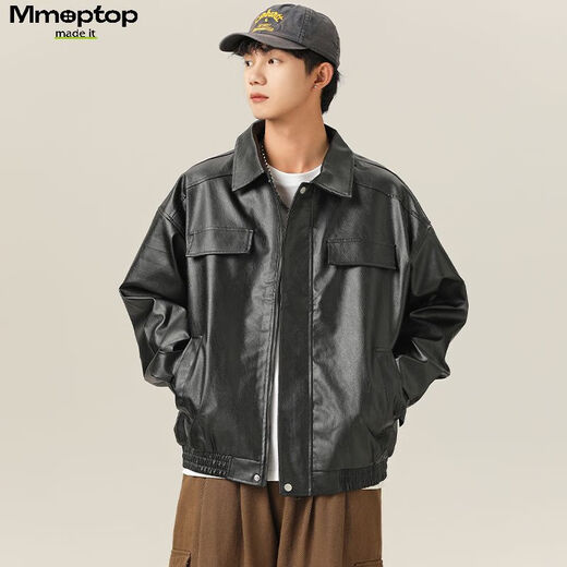 MMOPTOP潮牌美式鳄鱼纹PU皮衣外套男士春秋季翻领机车夹克YH26 黑色 XL